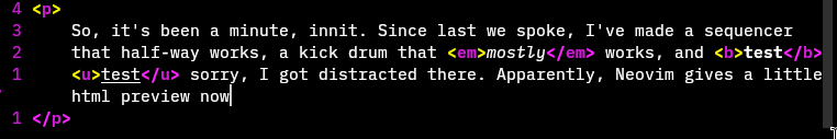 a screenshot of the source code for this post. the word 'mostly' is in italics, and the first and second instances of the word test are bolded and underlined respectively.